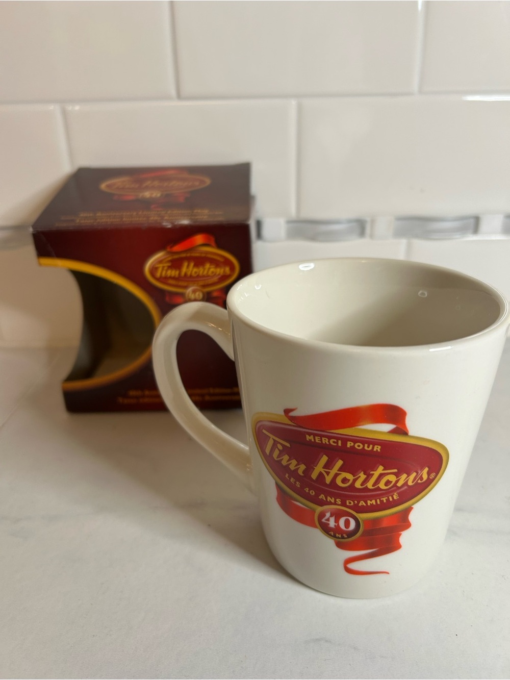 Tim Hortons 40th Anniversary White Ceramic Mug with Red Logo. In box!